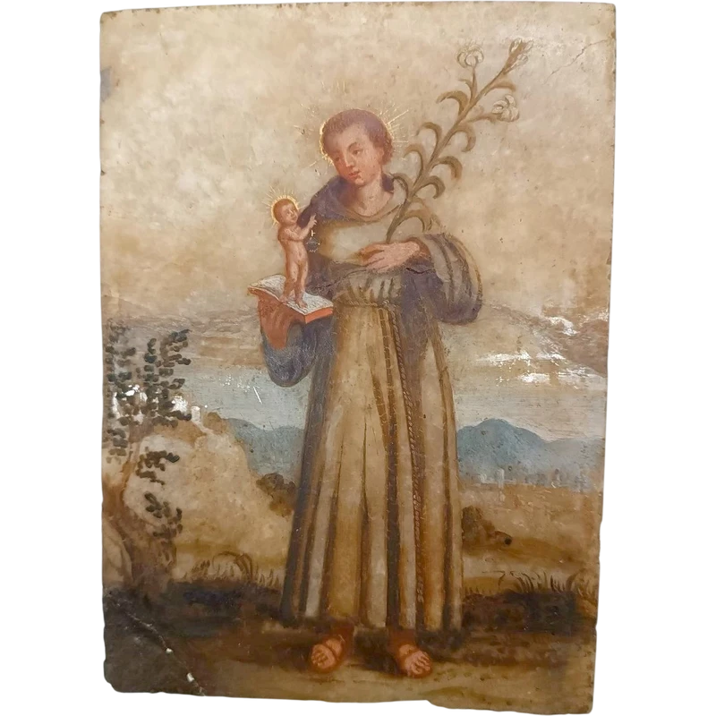 Antique painting on alabaster 18th century italy , St. Anthony of Padua