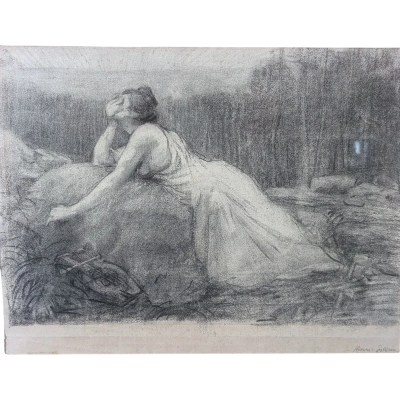 Henry Sollier - Drawing On Paper In Frame With Inlaid Hard Stones Early 1900s.