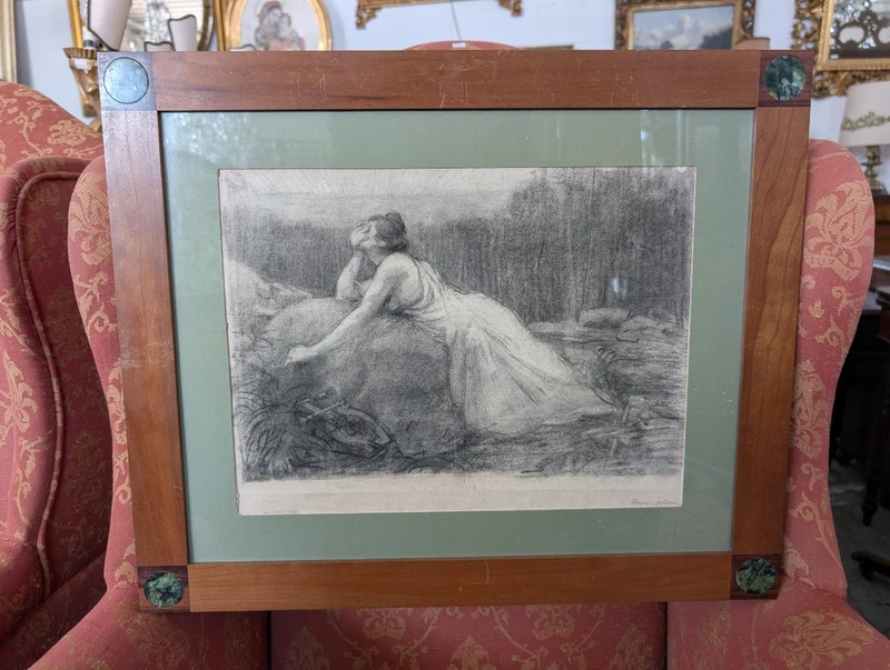 Henry Sollier - Drawing On Paper In Frame With Inlaid Hard Stones Early 1900s.