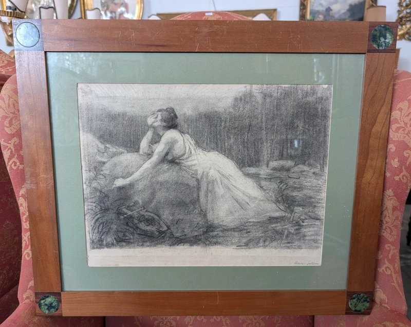 Henry Sollier - Drawing On Paper In Frame With Inlaid Hard Stones Early 1900s.