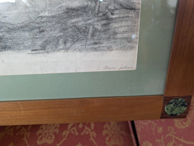 Henry Sollier - Drawing On Paper In Frame With Inlaid Hard Stones Early 1900s.
