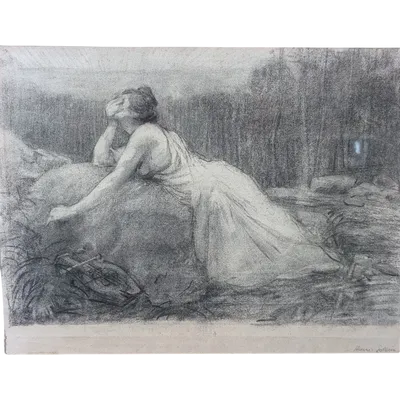 Henry Sollier - Drawing On Paper In Frame With Inlaid Hard Stones Early 1900s.