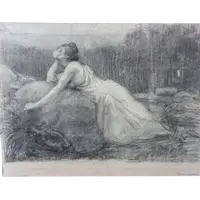 Henry Sollier - Drawing On Paper In Frame With Inlaid Hard Stones Early 1900s.