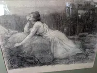 Henry Sollier - Drawing On Paper In Frame With Inlaid Hard Stones Early 1900s.