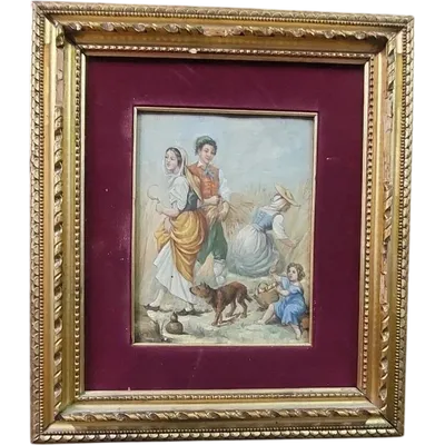 PAINTING ON WOOD ANTIQUE XIX CENTURY OIL TABLE SIGNED FOLK SCENE