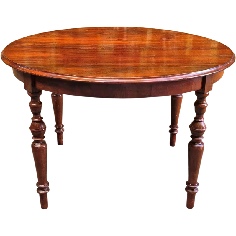 Table ronde en noyer à rallonge antique du 19e siècle