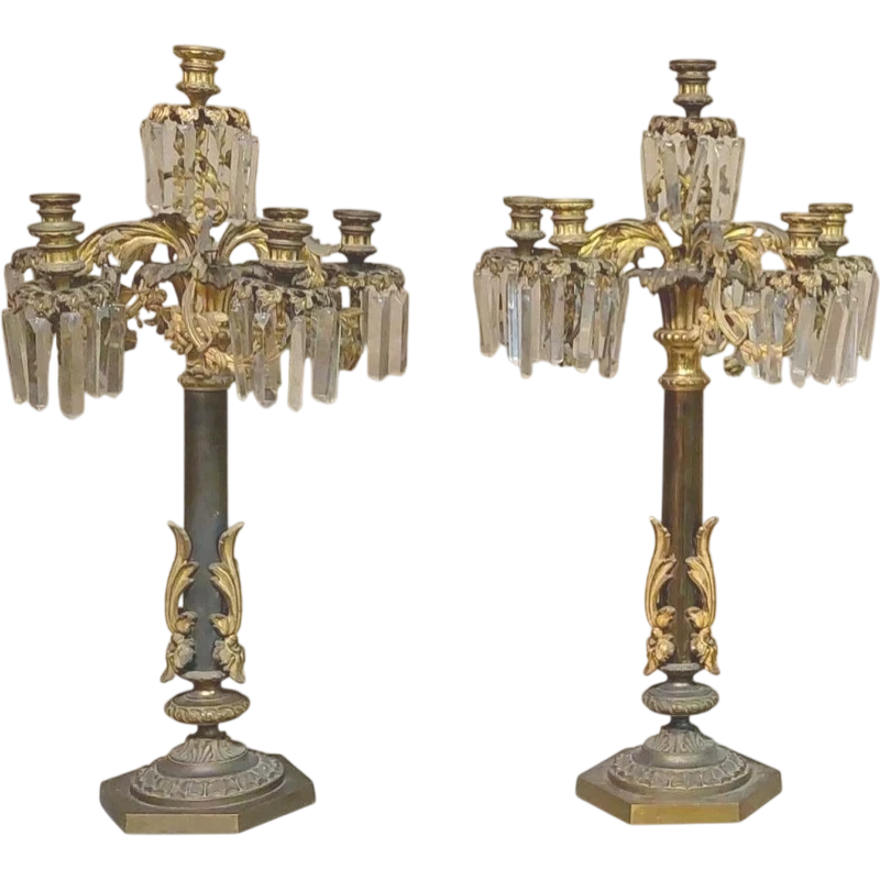 PAIR IMPORTANT LARGE SIX-LIGHT CHISELED AND GILDED BRONZE CANDLESTICKS