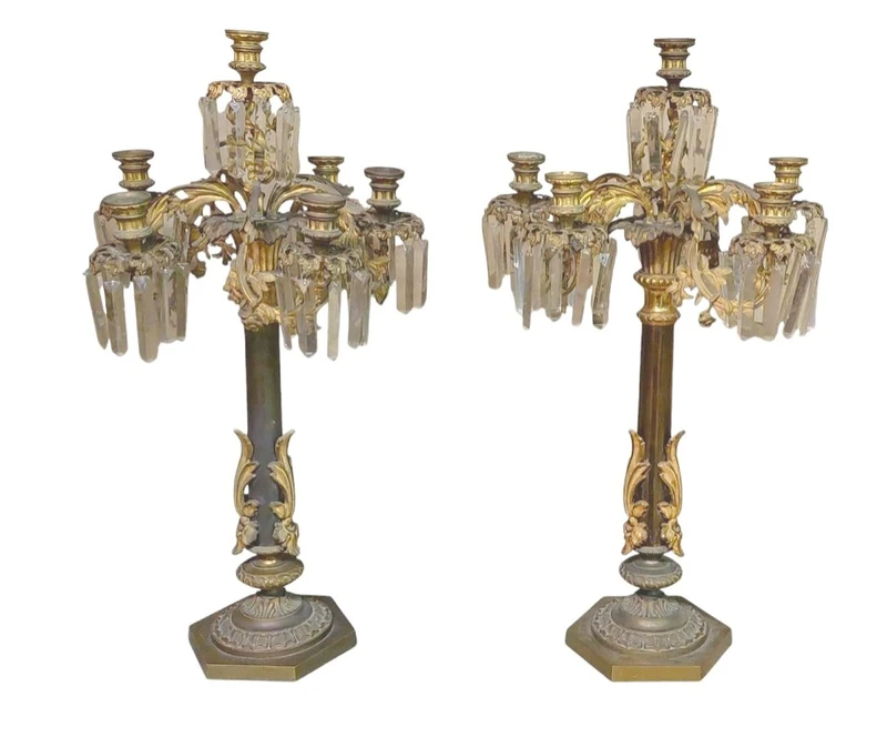 PAIR IMPORTANT LARGE SIX-LIGHT CHISELED AND GILDED BRONZE CANDLESTICKS