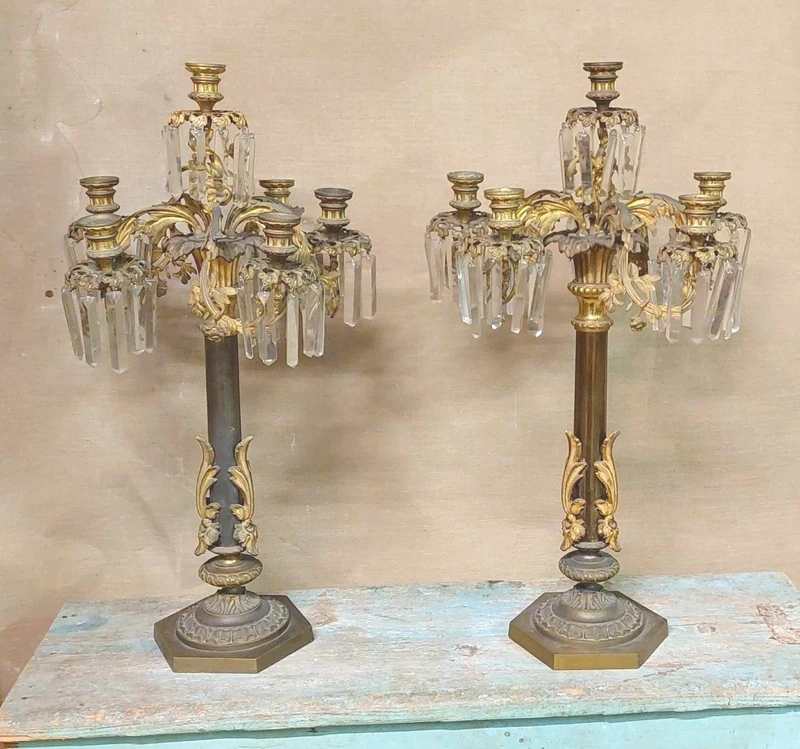 PAIR IMPORTANT LARGE SIX-LIGHT CHISELED AND GILDED BRONZE CANDLESTICKS